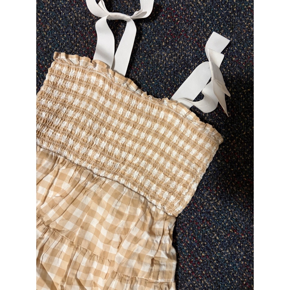 Janie and Jack Girls Tan Gingham Smocked Tiered Dress Tie Straps Size 3